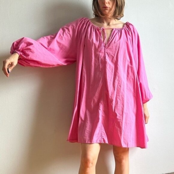 H&M Sz M Cotton Hot Pink Balloon Sleeves Dress - Picture 2 of 8